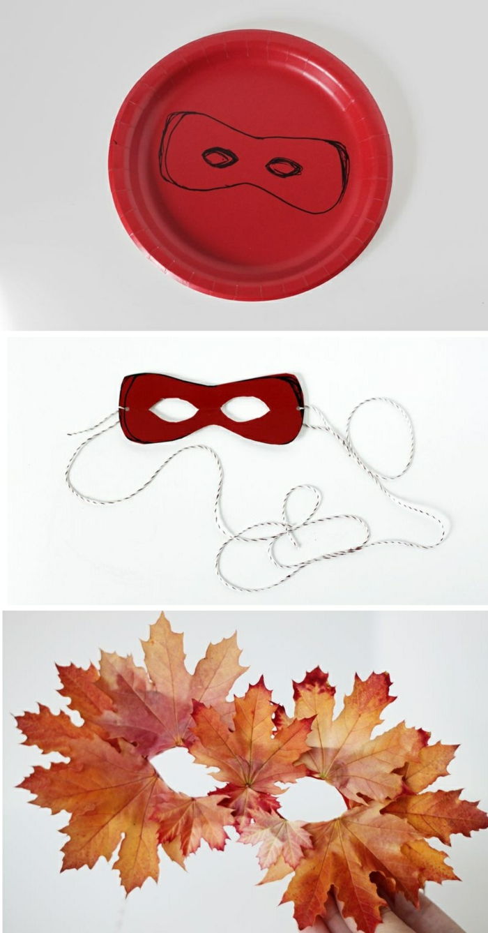 Vytvorenie masky papierových dosiek a jesenných listov, kábel, červená doska