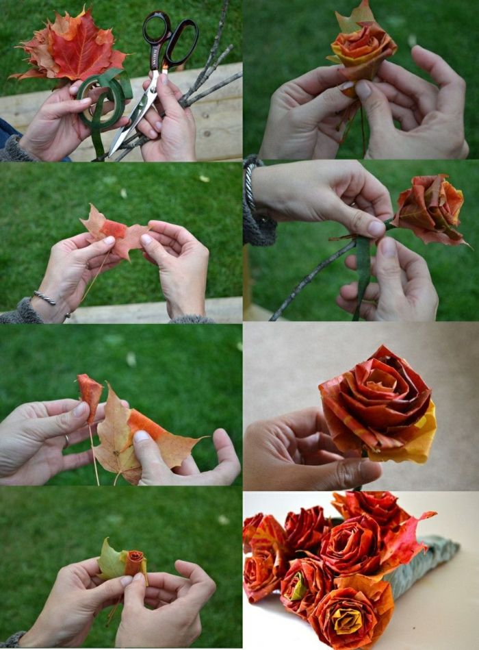 Făcând trandafiri din frunze de copaci, foarfece, bandă adezivă, buchet de flori