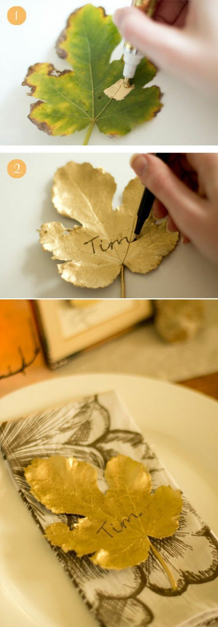 stromový list so zlatou farbou mebalen, čierny marker, stolová dekorácia, servírovacia misa, tanier