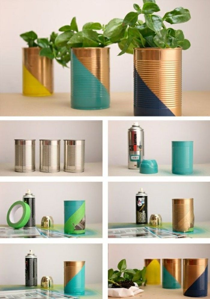 Tinker-con-lattine-vernice-spray-vaso di fiori verde-impianto-fai da te
