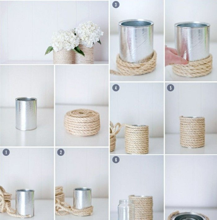 Tinker-z-lahko-in-belo cvetje, vrvi vaza-DIY ideja