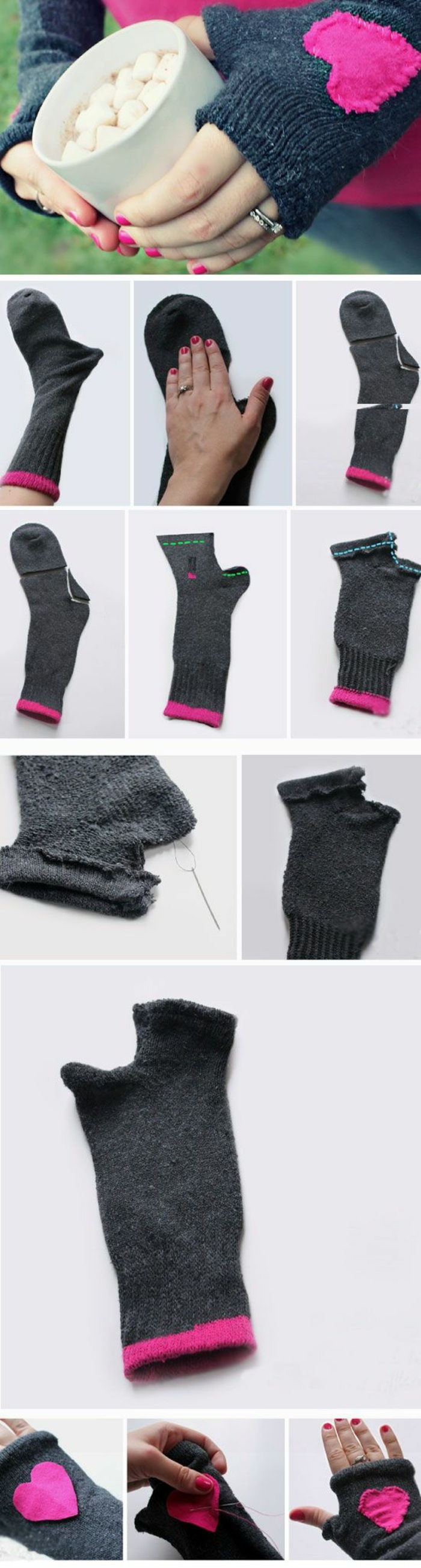 maak zelf handschoenen uit grijze sokken, roze hart
