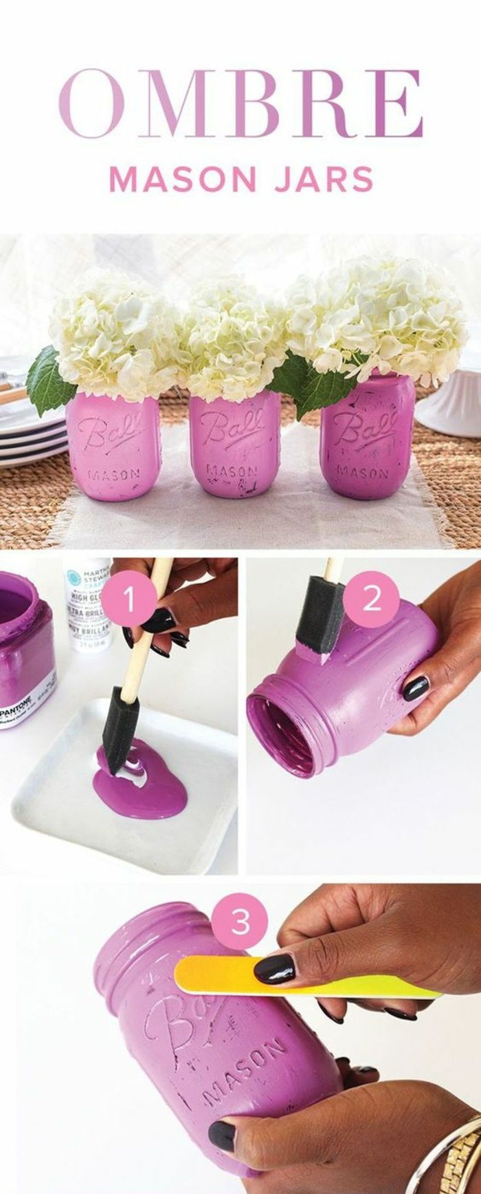 potten met roze verf, witte bloemen, sponsborstel