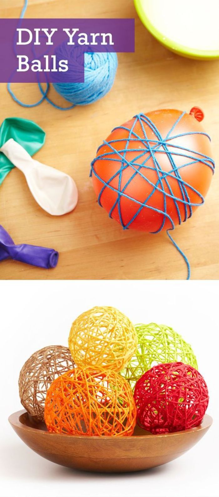 samodzielnie uformuj kolorowe kulki, materiały: balony, przędza, klej, pomysły DIY dla dzieci