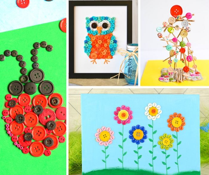 DIY idéer för barn, med färgglada knappar, nyckelpigor, blommor och örnen uggla
