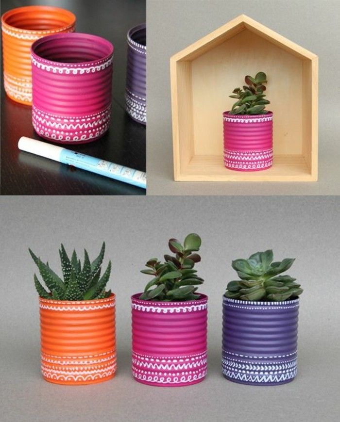 Tinker-con-tin lattine-legno-vaso di fiori-in-differenti-colori-verde-impianto