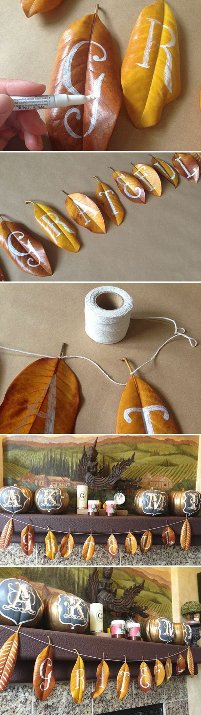 drotár s prírodnými materiálmi, sušené stromové listy s bielou značkovacou farbou, šnúrkou, girlandou, podzimnou dekoráciou