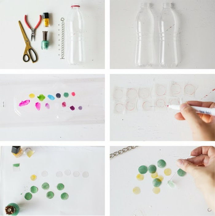 plastové fľaše, nožnice, laky na nechty, kliešte, krúžky, farebné ceruzky