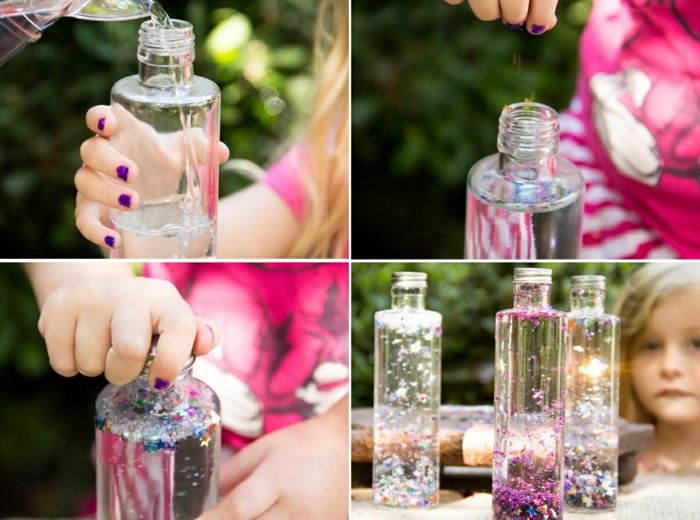 padaryti magija buteliukus sau, vandeniu, glicerinu, konfeti, keptuvu su vaikais