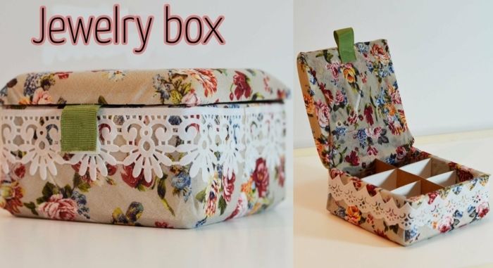 Batų dėžutės juvelyrikos dėžutė su nėrinių ir rožių puošmena - amatai su kartonu