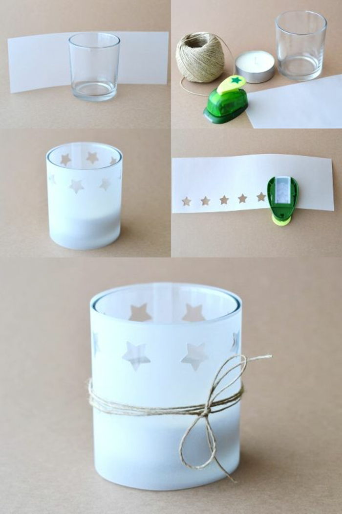 Tinker theelichtjes, versier glazen vaas met wit papier, sterren, draad