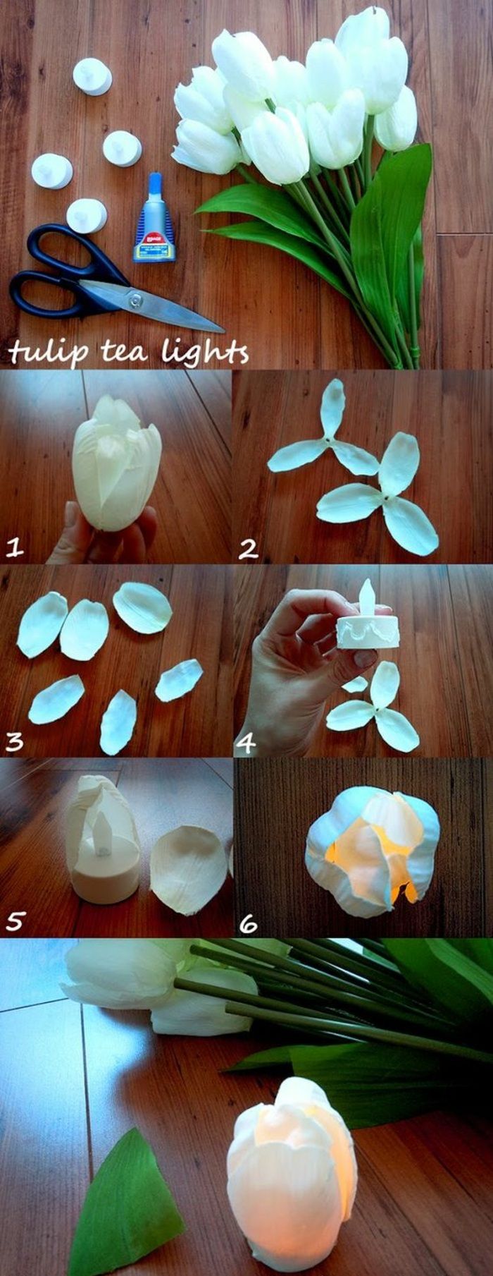 tealights iz plastičnih žlic in belih cvetnih listov, tulipani