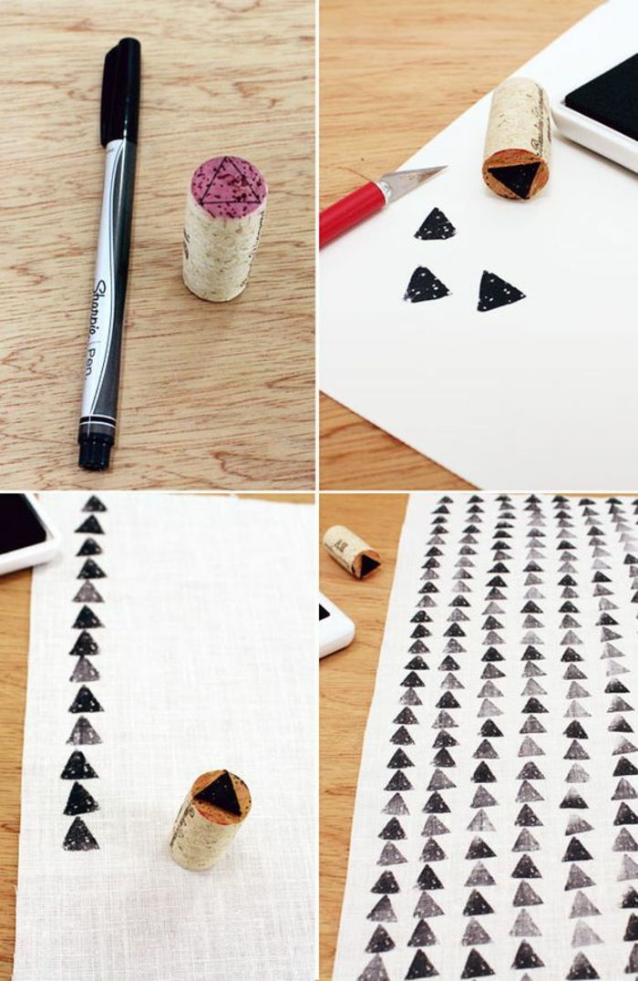 hantverk med vinkorkar, gör stämpeln själv, svart penna, vit tyg, trianglar