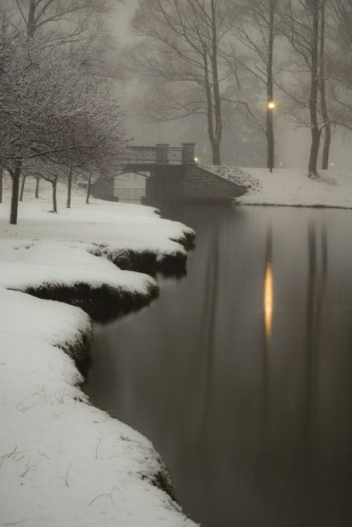 Etkileyici Kış Resmi Lake Kar Suyu Köprüsü Koyu nostaljik fotoğraf