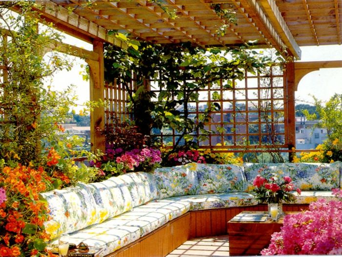 plantage dakterras kleurrijk zitkussen en bloemen