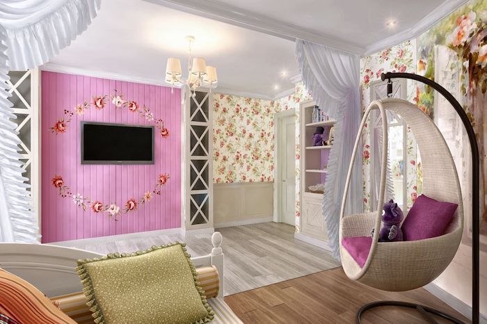 ungdomsrom dekorere kreativ og moderne design rosa tv-veggside hengende stol schbby dekor prinsesser gardiner romdeler