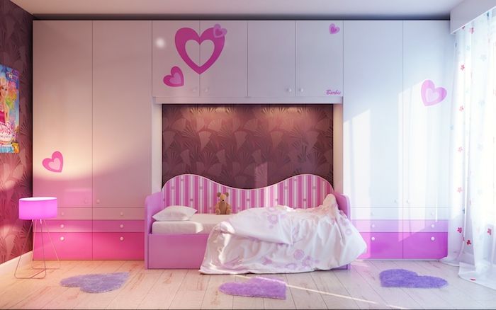 idee per teens room per ragazze rosa adolescenti cuori viola decorazioni sopra il letto armadi tappeti piccoli sotto forma di cuore