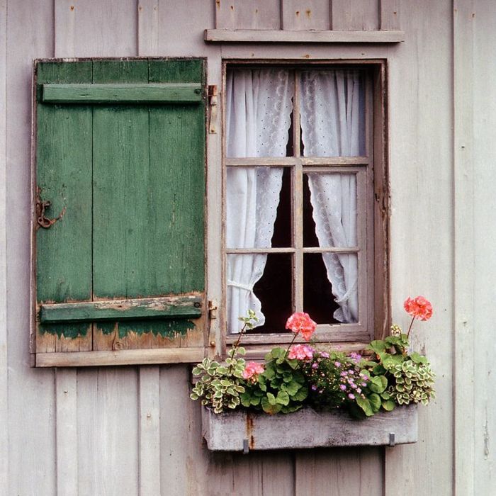 affascinante Foto piccola finestra fiore Bella tenda bianca persiane in legno romantico