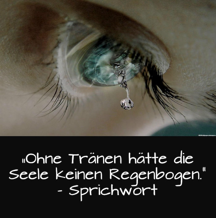grönt ledsen öga med stora tårar och ett ordspråk - om frågan om sorgliga bilder och ledsna ord