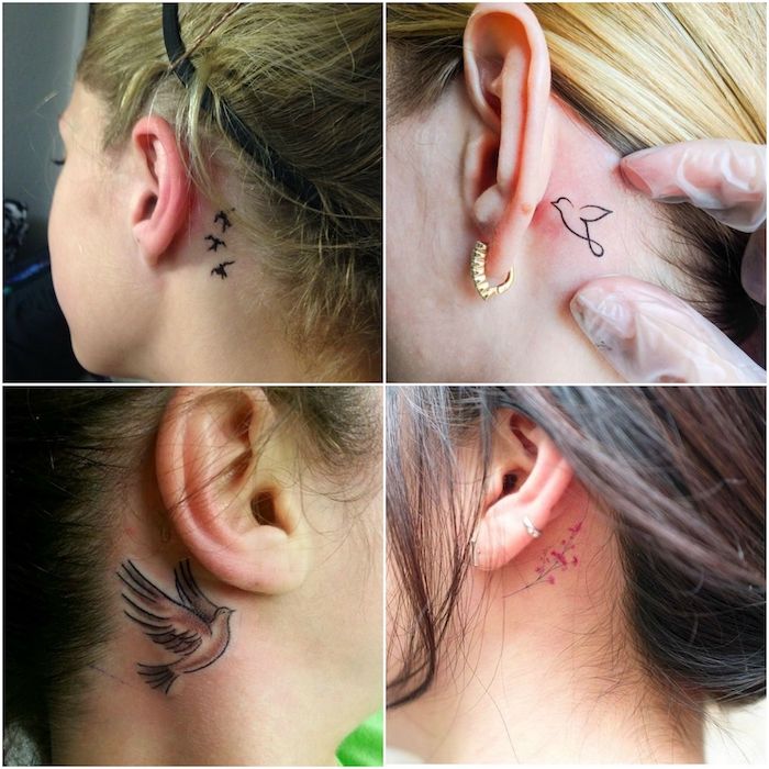 tetoviranje za ušesom - štiri mlade ženske z majhnimi črnimi tetovažami z letečimi črnimi ptiči in. malo roza cvetovi - tattoo za ušesom