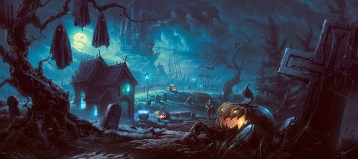 Noč čarovnic prikazuje pokopališče z majhno cerkvijo in Jack O.'lantern neben einem Kreuz 