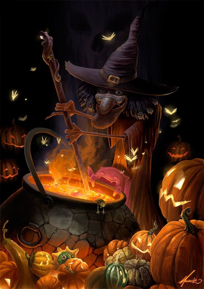 en heks kokker en potion i kjelen mellom mange Jack O's'Lantern 