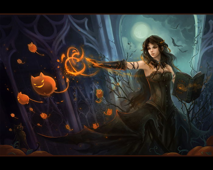 een mooie heks met een magisch boek stuurt magisch vuur - Halloween-foto's