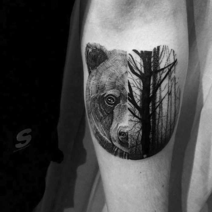 uma tatuagem simbolista para meio ambiente meio urso metade floresta preto trabalho tatuagem