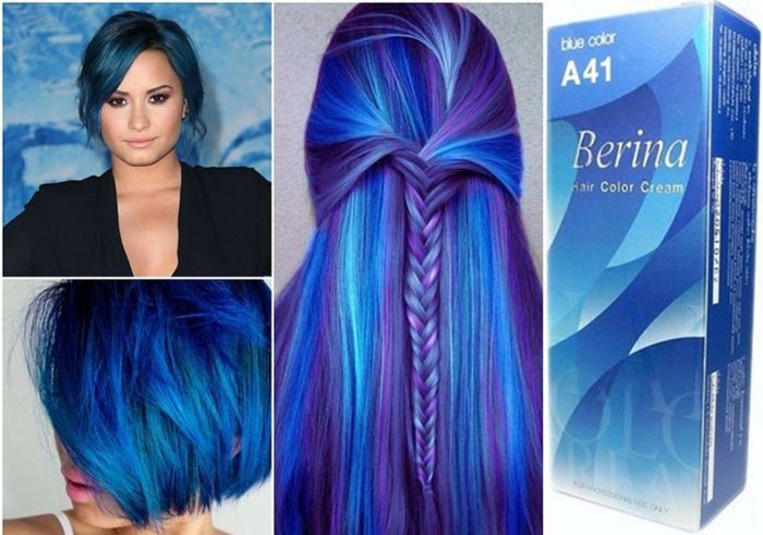 Colajul fotografiei a patru imagini - păr albastru, coafuri pentru diferite lungimi de păr, blauze părul cu panglică din fire de purpuriu și de culoare albă, bob la mijloc