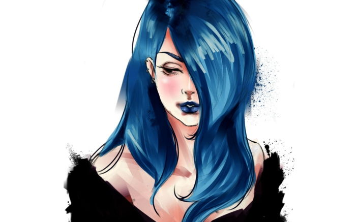 cabelo preto, sobrancelhas e lábios, papel de parede com mulher de cabelos azuis, anime