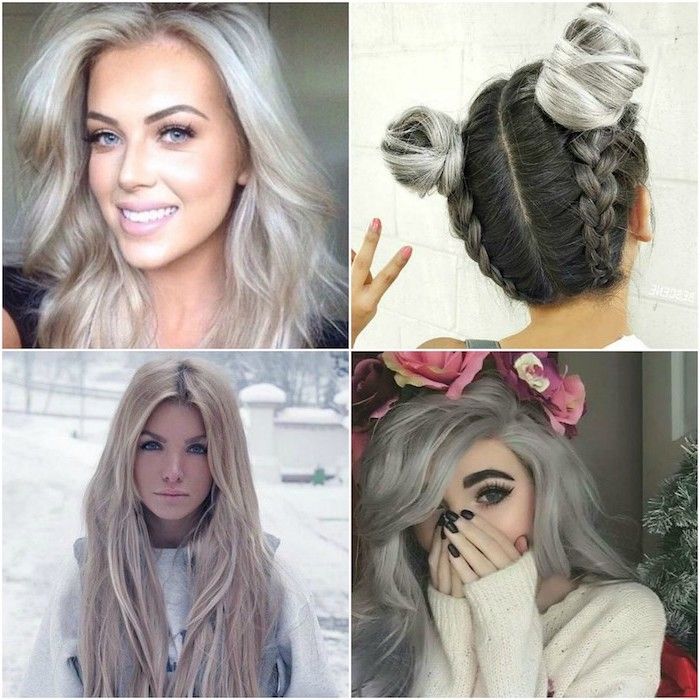 vier foto's van mooie meisjes met de haarkleur zilverblond om te inspireren