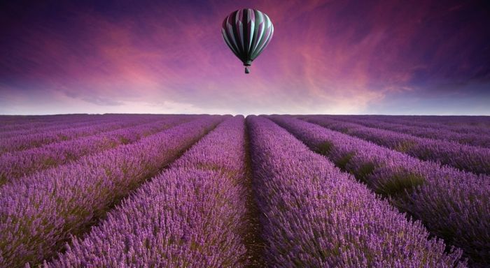 Čudovita slika v ozadju v vijoličnem, sivem polju in balonu, romantična pokrajina