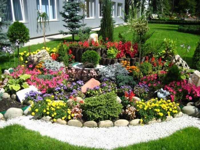 çiçek yatak ile taşlar-Gartengestaltung-taş-Busch-çam ağaçları ve beyaz çakıl