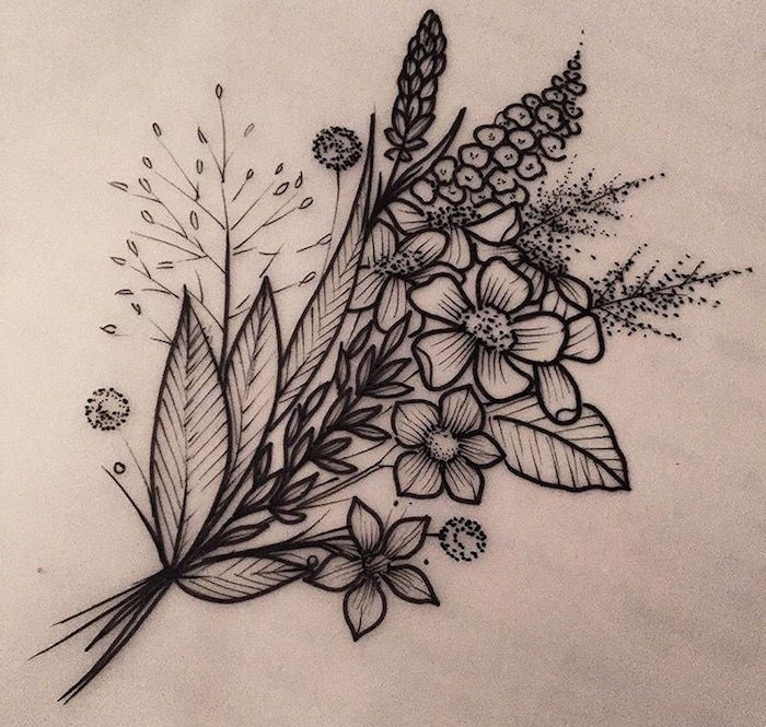 tetovanie kvetinové tetovanie, čierne a sivé tetovanie, malé tetovanie