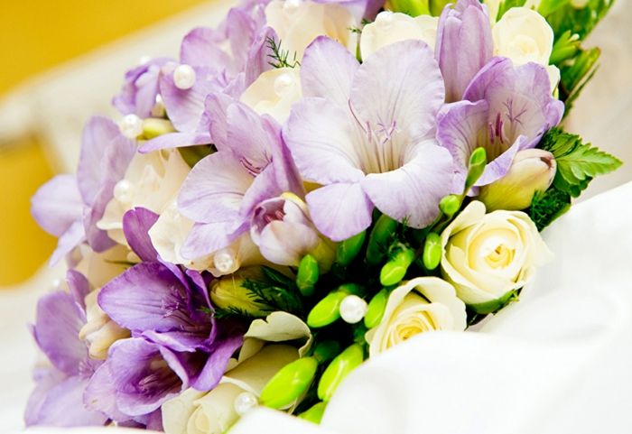 Bouquet belih vrtnic in vijoličnih freesias, cvetje od A do Z, lepe darilne ideje