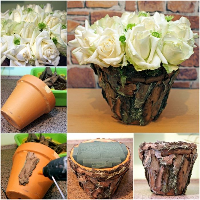 gėlių keramikos medžio drožlių, skirtų gražiam gėlių puokštėms, dizaino baltos gėlės, rožės, medžio apdaila