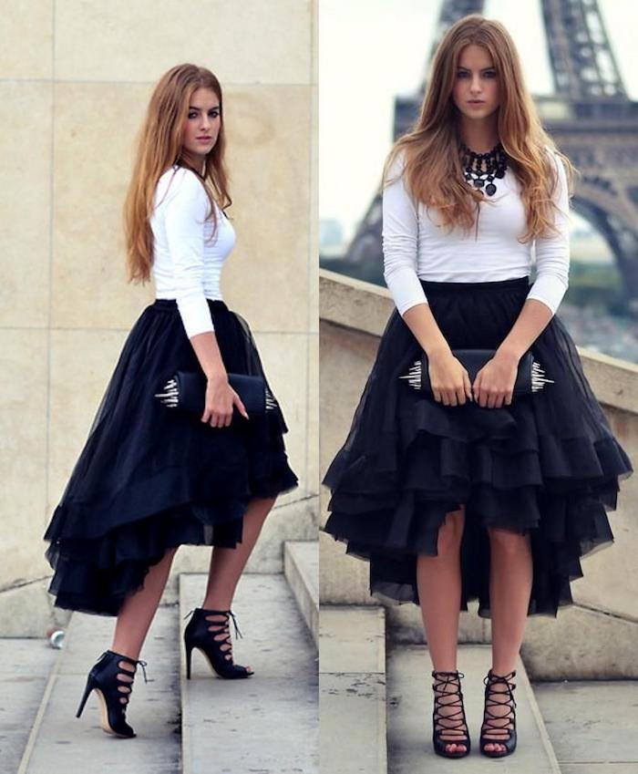 Tutu fusta colier alb negru costum în negru culoare sandale frumoase pantofi să poarte un aspect la modă în Paris