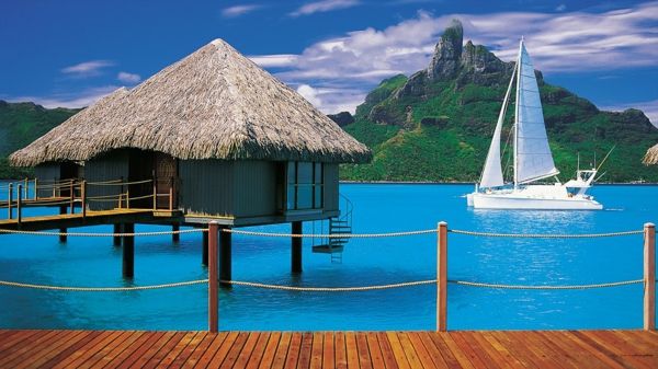 bora-bora-férias azul-água-pequena casa