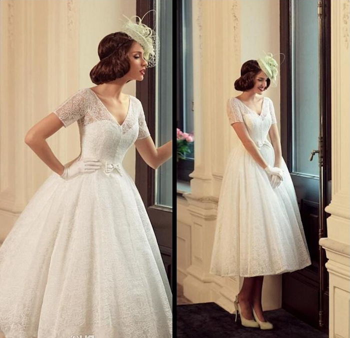 brudklänningar spets, te-längd bröllopsklänning, bröllop frisyr i vintage stil
