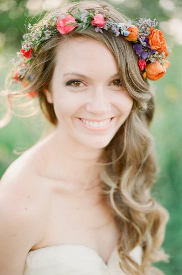 bruids make-up-bruid-in-spring-white-dress-kleurrijke-flowers-laecheln-ogen-mooie-vrouw