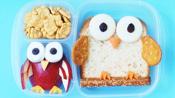 Lunchbox med tre indelningar, små ugla kex, röd äpple äppel linjal, marshmallow ögon och mango näbb