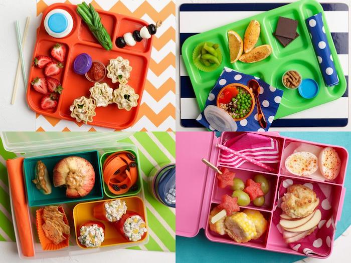 fyra idéer för lunchbox för barn, randiga dukar, färgade servetter med prickar