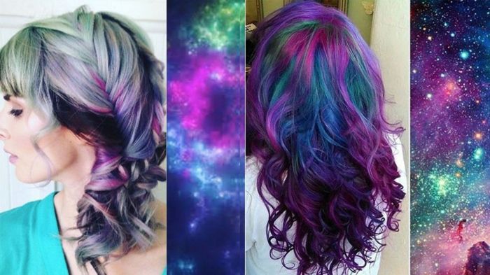 Galaxy Hair este noua tendință, părul în culorile universului, blondă de cenușă cu reflexii verzi, lungimile întunecate de violet și albastru, tapet cu model univers, păr de culoare închisă în culorile Galaxy, imagini de fundal cu spațiu imprimat