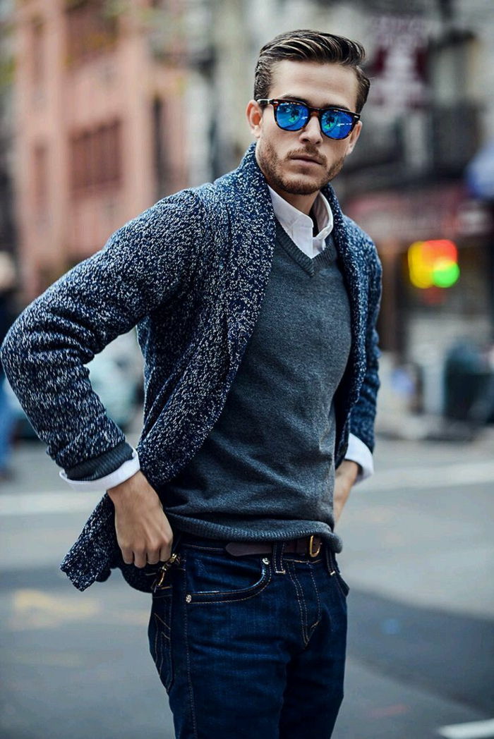 hvorfor ha på deg en jakke og blazer hvis du kan se bra ut i en cardigan briller jeans forretningsmann