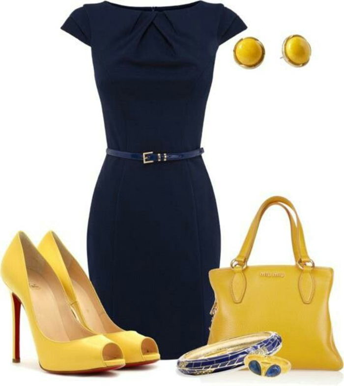 Business klänning i svart, kombination med gul, klassisk med bälte