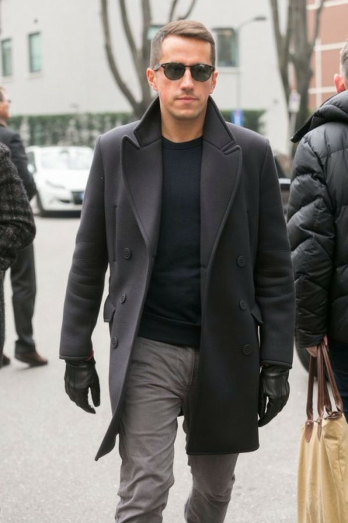 combinação moderna de moda de luvas de óculos preto e cinza homem penteado sutil