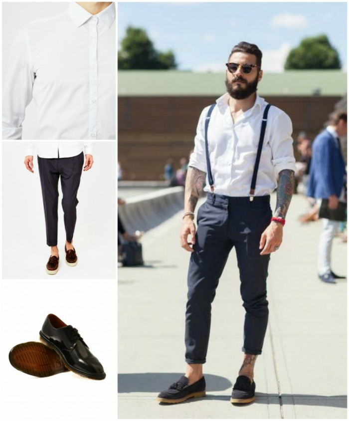 Fancy stil av mann med skjegg shorts og suspenders briller skinn sko moderne frisyre