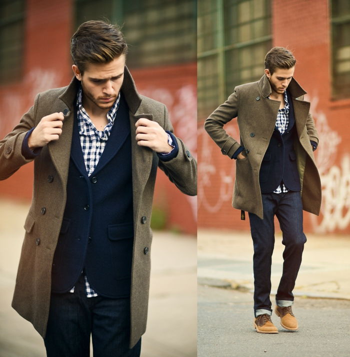 elegant atractiv și trendy îmbrăcat bărbat tricou cardigan blugi clarks haina coafura