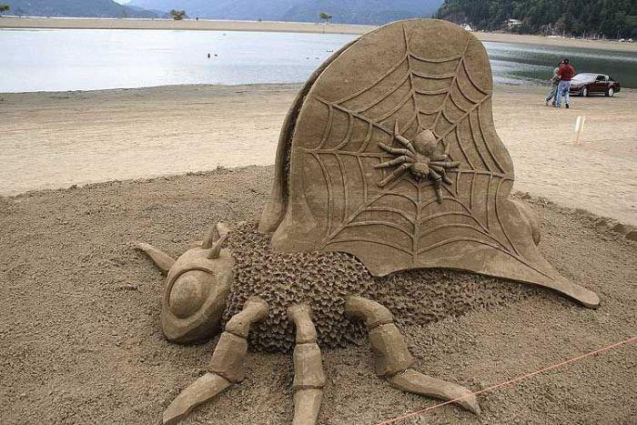 kjølig sand skulptur Spider-på-sin-net