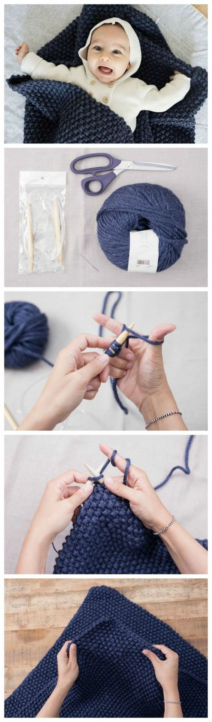cobertor azul escuro feito de fios, tesoura, bebê, espetos